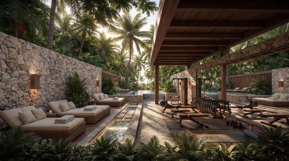 Lakeside amenities and tropical landscape