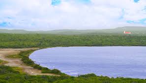 Aerial view of Rif St. Marie salt lake at dusk on the Curaçao coastline